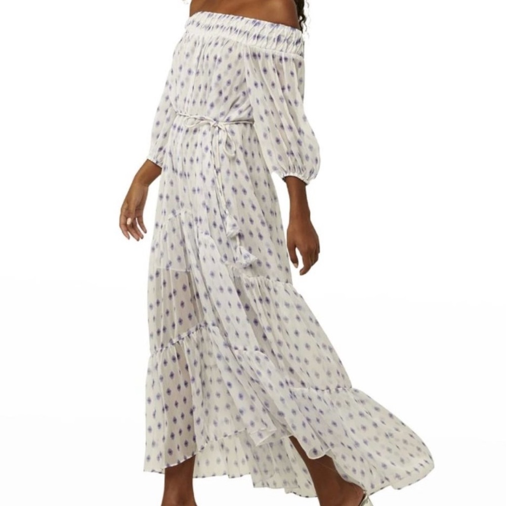 Misa Los Angeles Off-Shoulder White Maxi Dress with Lavender Print